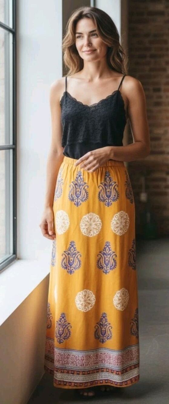 Soft Surroundings Women's Mustard Yellow Boho Embellished Maxi Skirt Size Large